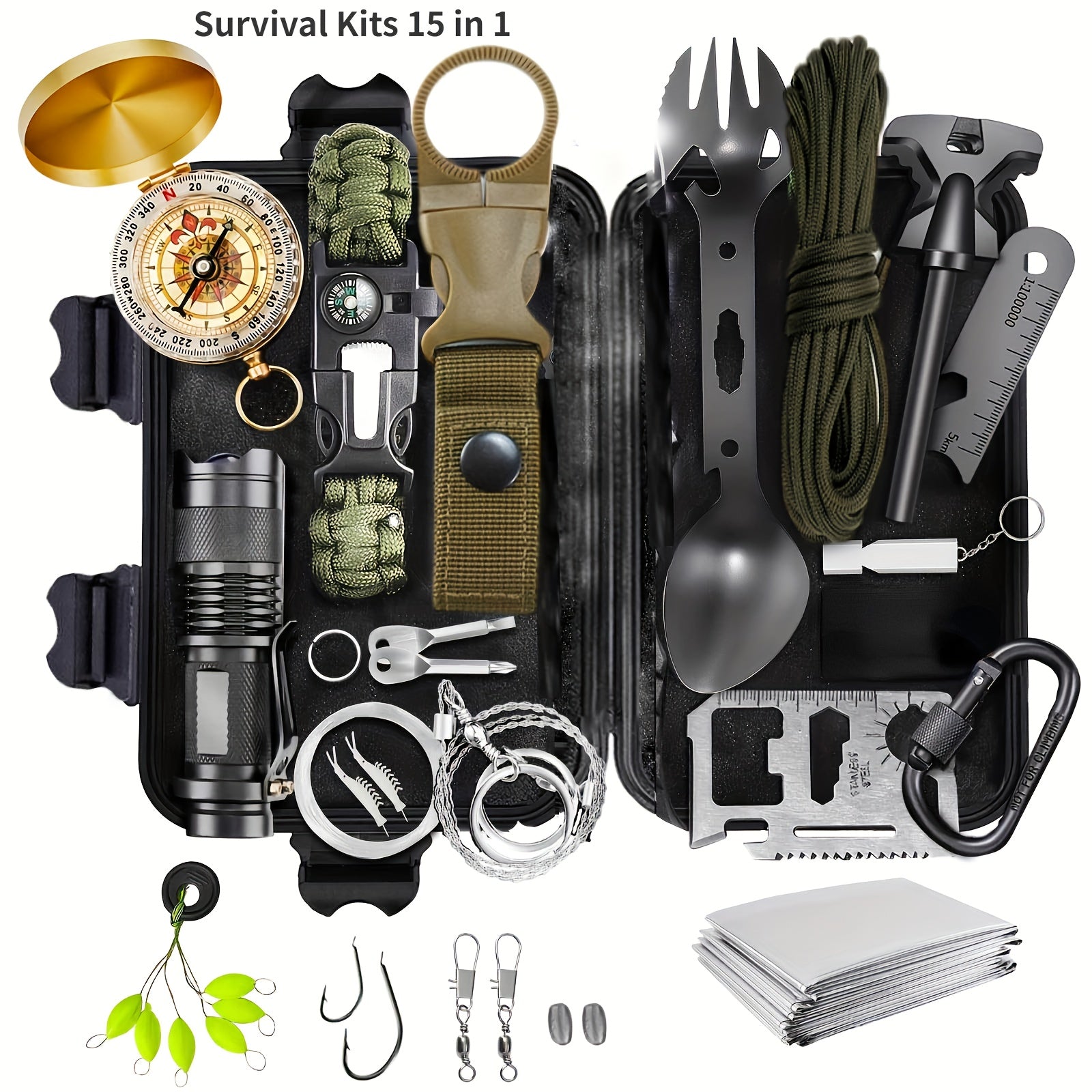 1 Juego SOS 15 en 1 Kit de Emergencia para Camping y Senderismo Caja de Herramientas de Supervivencia sin Batera con Equipo Tctico para Aventuras al Aire Libre Accesorios de Viaje y Esenciales de Caza